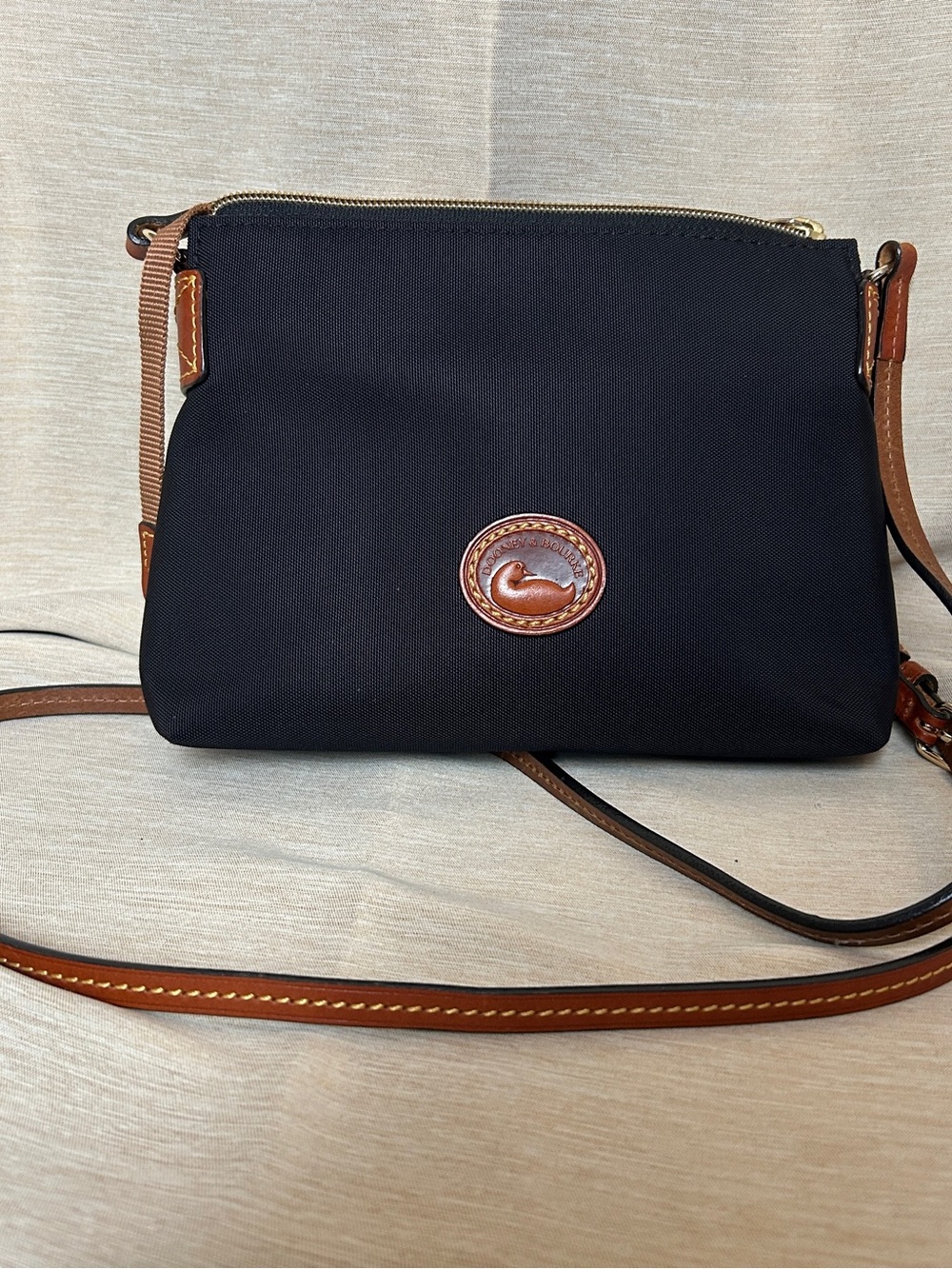 Dooney & Bourke Black Crossbody with Brown Trim and Logo Patch Nylon Rosie